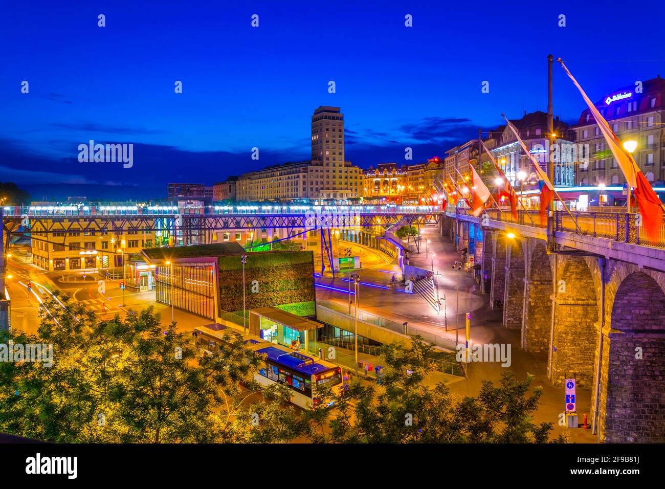 LAUSANNE, SWITZERLAND, JULY 18, 2017 Night view of the Belair tower