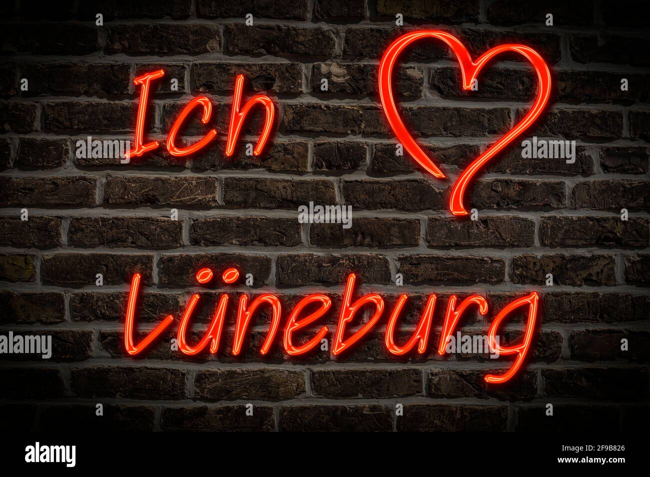 Leuchtreklame, Ich liebe Lüneburg, Niedersachsen, Deutschland, Europa | Illuminated advertising, I love Lüneburg, Lower Saxony, Germany, Europe Stock Photo