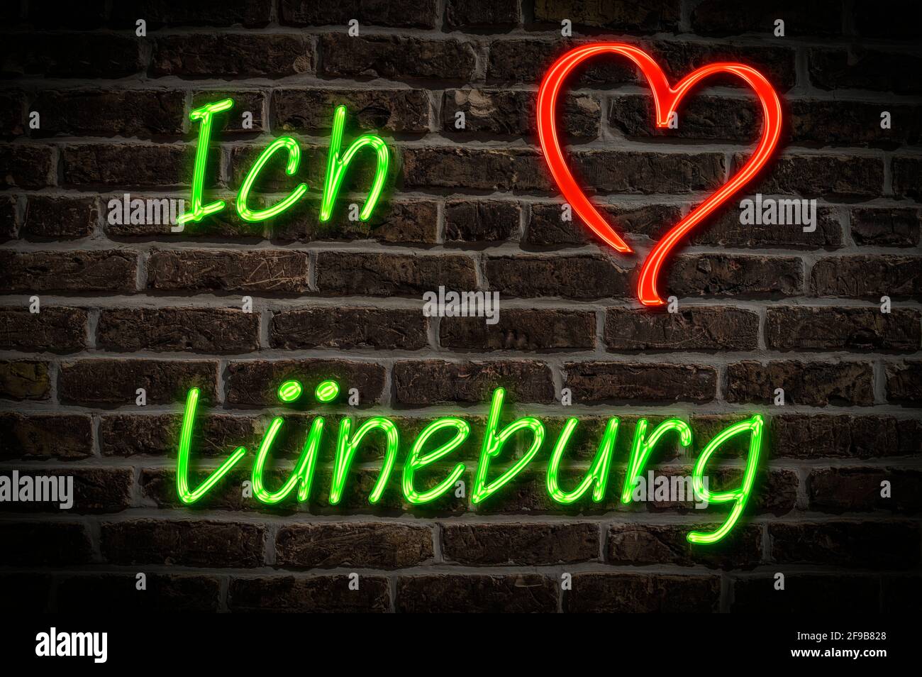 Leuchtreklame, Ich liebe Lüneburg, Niedersachsen, Deutschland, Europa | Illuminated advertising, I love Lüneburg, Lower Saxony, Germany, Europe Stock Photo