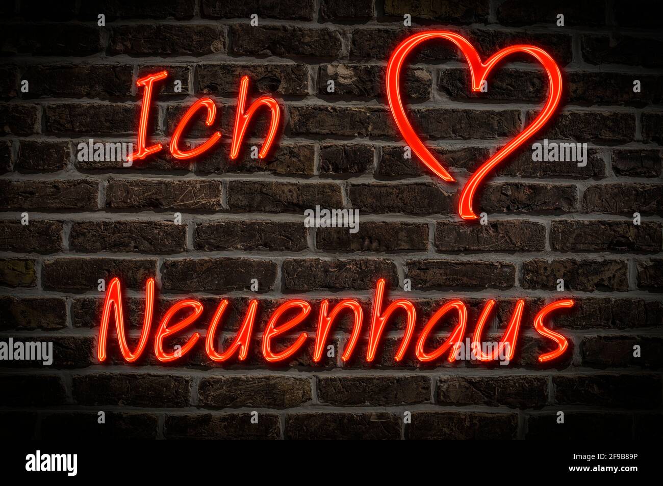 Leuchtreklame, Ich liebe Neuenhaus, Niedersachsen, Deutschland, Europa | Illuminated advertising, I love Neuenhaus, Lower Saxony, Germany, Europe Stock Photo
