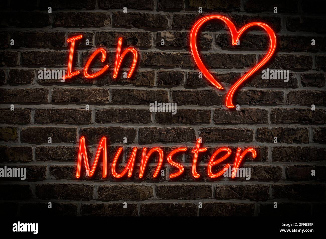 Leuchtreklame, Ich liebe Munster, Niedersachsen, Deutschland, Europa | Illuminated advertising, I love Munster, Lower Saxony, Germany, Europe Stock Photo