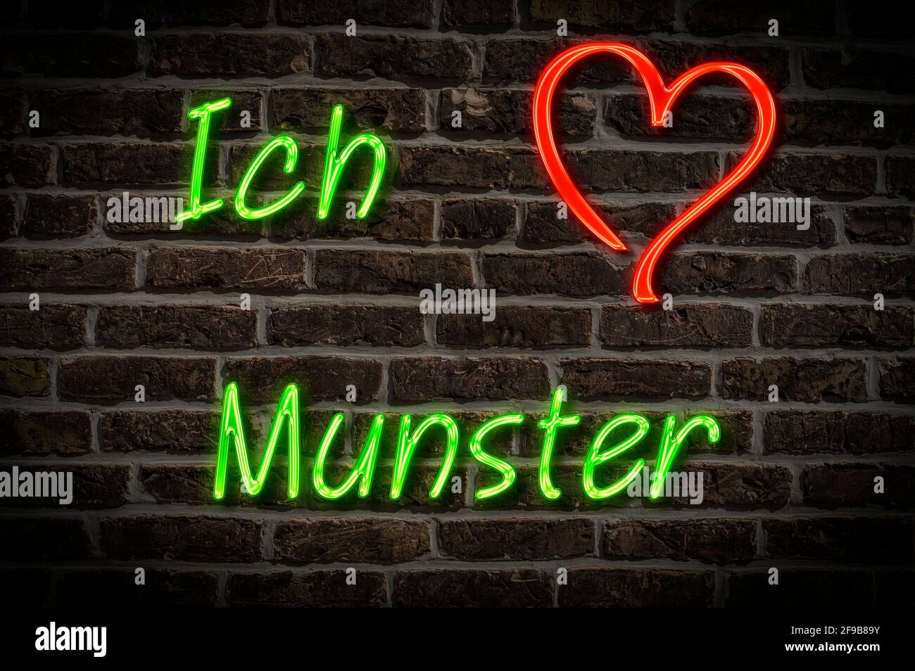 Leuchtreklame, Ich liebe Munster, Niedersachsen, Deutschland, Europa | Illuminated advertising, I love Munster, Lower Saxony, Germany, Europe Stock Photo