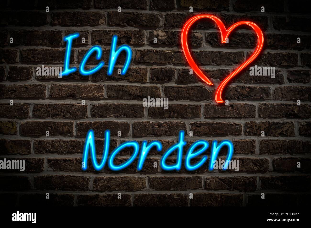 Leuchtreklame, Ich liebe Norden, Niedersachsen, Deutschland, Europa | Illuminated advertising, I love Norden, Lower Saxony, Germany, Europe Stock Photo