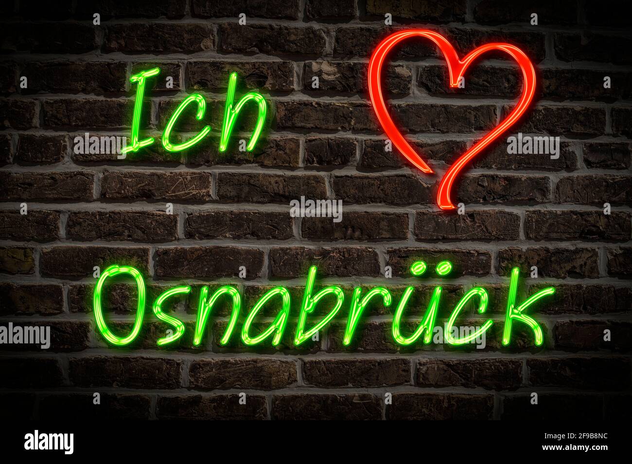 Leuchtreklame, Ich liebe Osnabrück, Niedersachsen, Deutschland, Europa | Illuminated advertising, I love Osnabrück, Lower Saxony, Germany, Europe Stock Photo