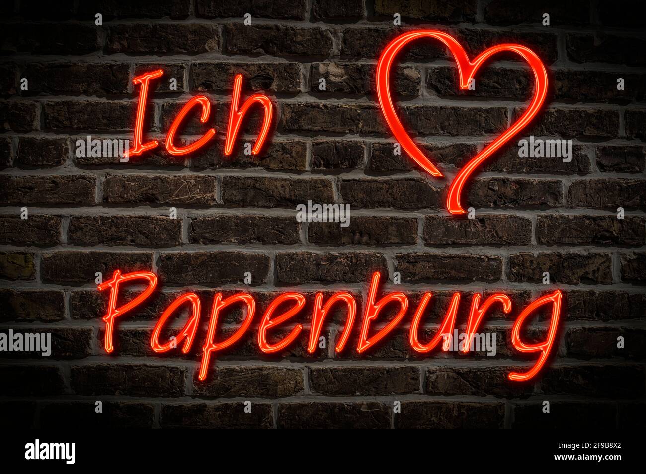 Leuchtreklame, Ich liebe Papenburg, Niedersachsen, Deutschland, Europa | Illuminated advertising, I love Papenburg, Lower Saxony, Germany, Europe Stock Photo