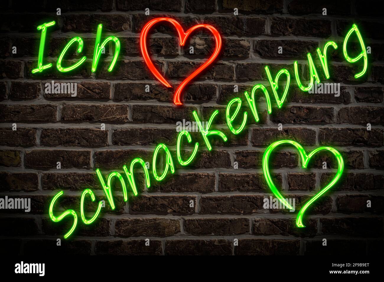 Leuchtreklame, Ich liebe Schnackenburg, Niedersachsen, Deutschland, Europa | Illuminated advertising, I love Schnackenburg, Lower Saxony, Germany, Eur Stock Photo