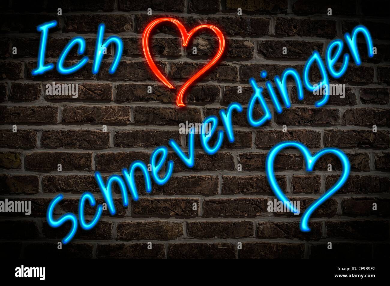 Leuchtreklame, Ich liebe Schneverdingen, Niedersachsen, Deutschland, Europa | Illuminated advertising, I love Schneverdingen, Lower Saxony, Germany, E Stock Photo