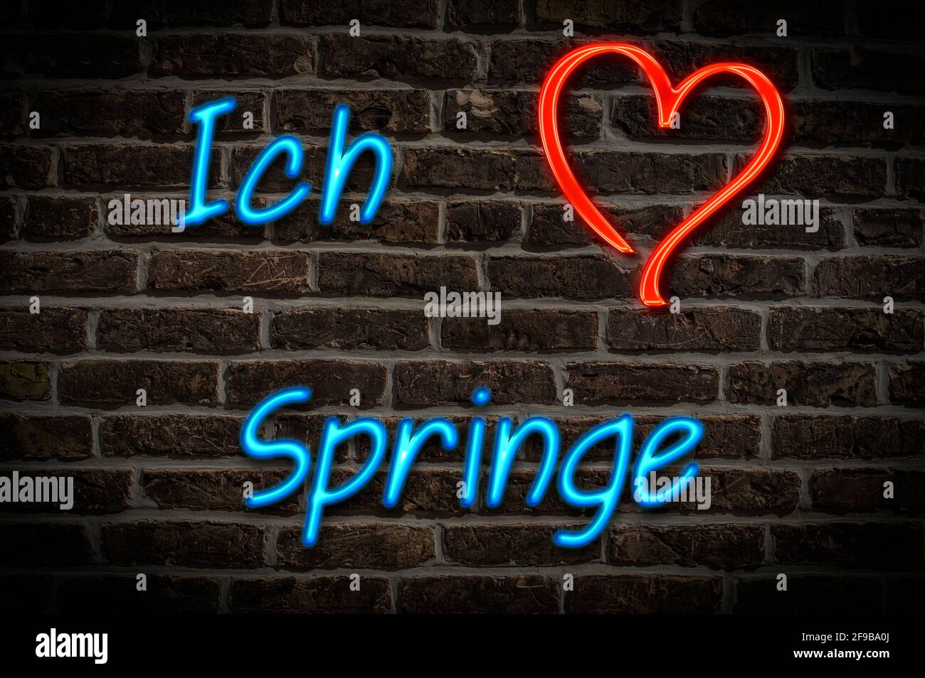 Leuchtreklame, Ich liebe Springe, Niedersachsen, Deutschland, Europa | Illuminated advertising, I love Springe, Lower Saxony, Germany, Europe Stock Photo