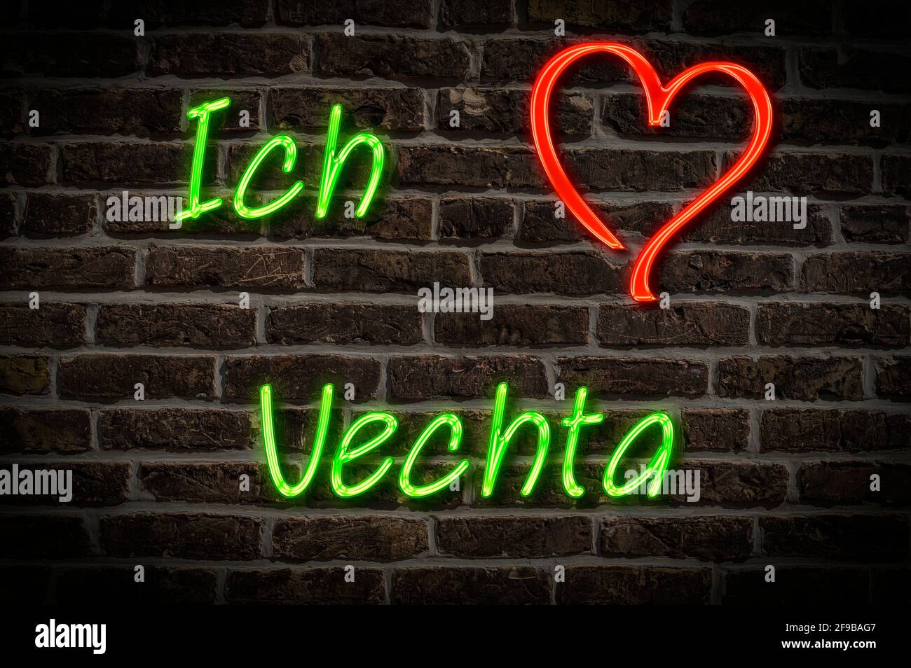 Leuchtreklame, Ich liebe Vechta, Niedersachsen, Deutschland, Europa | Illuminated advertising, I love Vechta, Lower Saxony, Germany, Europe Stock Photo
