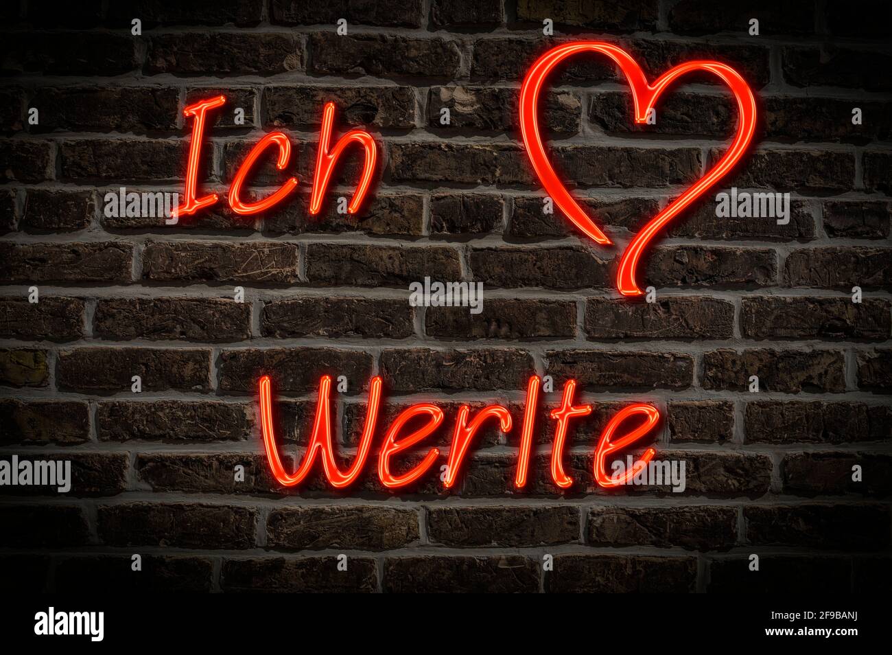 Leuchtreklame, Ich liebe Werlte, Niedersachsen, Deutschland, Europa | Illuminated advertising, I love Werlte, Lower Saxony, Germany, Europe Stock Photo