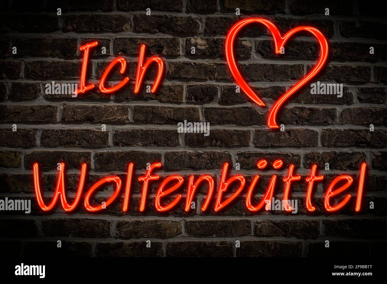 Leuchtreklame, Ich liebe Wolfenbüttel, Niedersachsen, Deutschland, Europa | Illuminated advertising, I love Wolfenbüttel, Lower Saxony, Germany, Europ Stock Photo