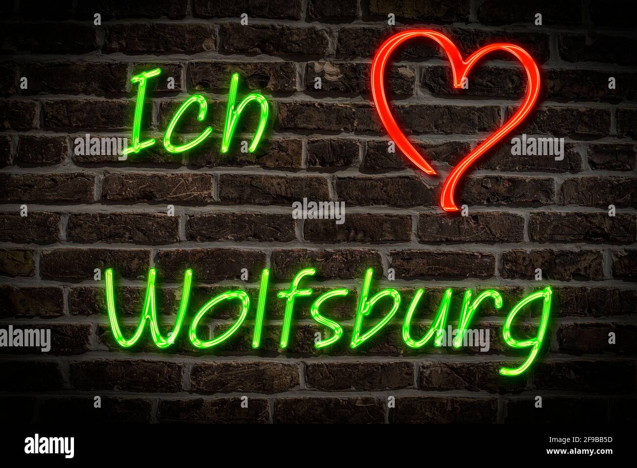 Leuchtreklame, Ich liebe Wolfsburg, Niedersachsen, Deutschland, Europa | Illuminated advertising, I love Wolfsburg, Lower Saxony, Germany, Europe Stock Photo