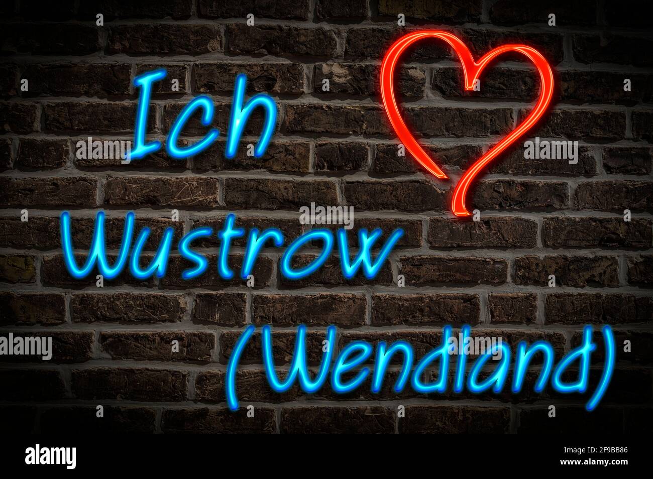 Leuchtreklame, Ich liebe Wustrow (Wendland), Niedersachsen, Deutschland, Europa | Illuminated advertising, I love Wustrow (Wendland), Lower Saxony, Ge Stock Photo