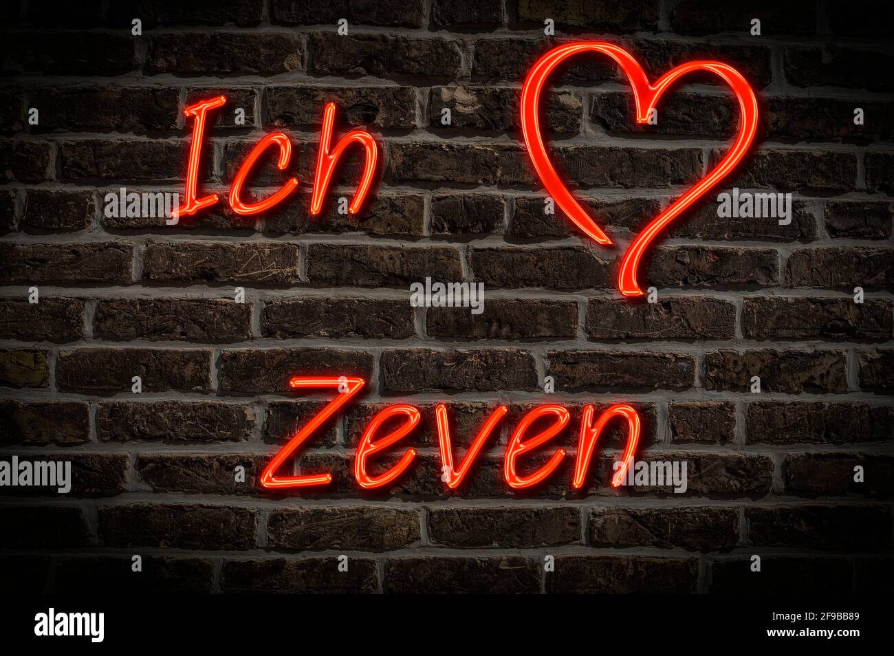Leuchtreklame, Ich liebe Zeven, Niedersachsen, Deutschland, Europa | Illuminated advertising, I love Zeven, Lower Saxony, Germany, Europe Stock Photo