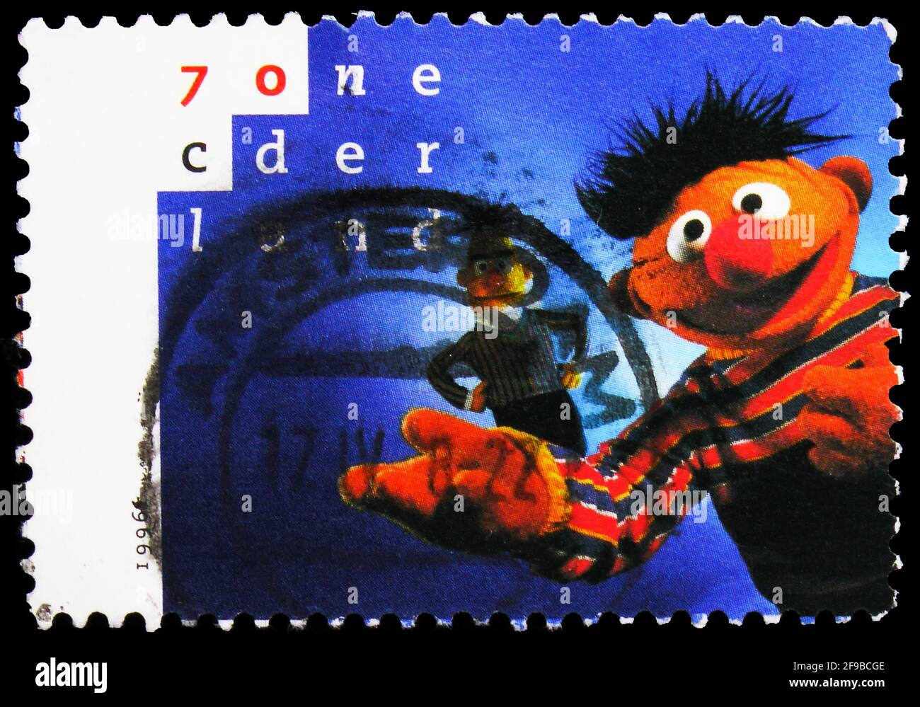 MOSCOW, RUSSIA - SEPTEMBER 24, 2019: Postage stamp printed in Netherlands shows Bert & Ernie, Sesame Street serie, circa 1996 Stock Photo