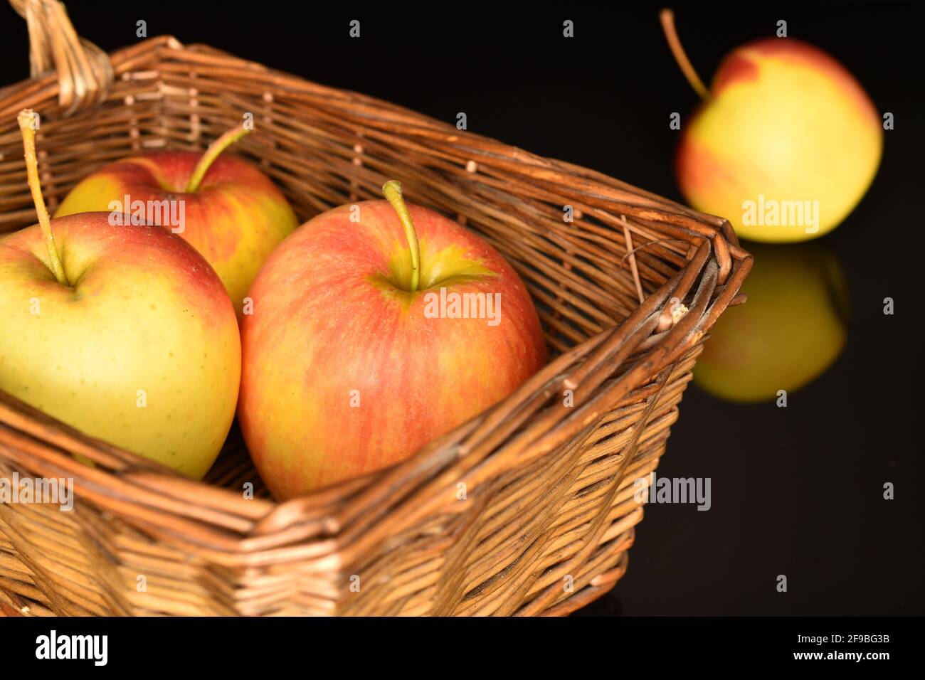 A few ripe organic, juicy, aromatic apples in a wicker basket of vines, close-up, on a black background. Stock Photo