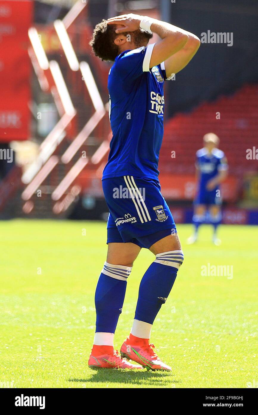 London, UK. 17th Apr, 2021. Keanan Bennetts of Ipswich Town is dejected after missing a shot on goal. EFL Skybet football league one match, Charlton Athletic v Ipswich Town at the Valley in London on Saturday 17th April 2021. this image may only be used for Editorial purposes. Editorial use only, license required for commercial use. No use in betting, games or a single club/league/player publications. pic by Steffan Bowen/Andrew Orchard sports photography/Alamy Live news Credit: Andrew Orchard sports photography/Alamy Live News Stock Photo