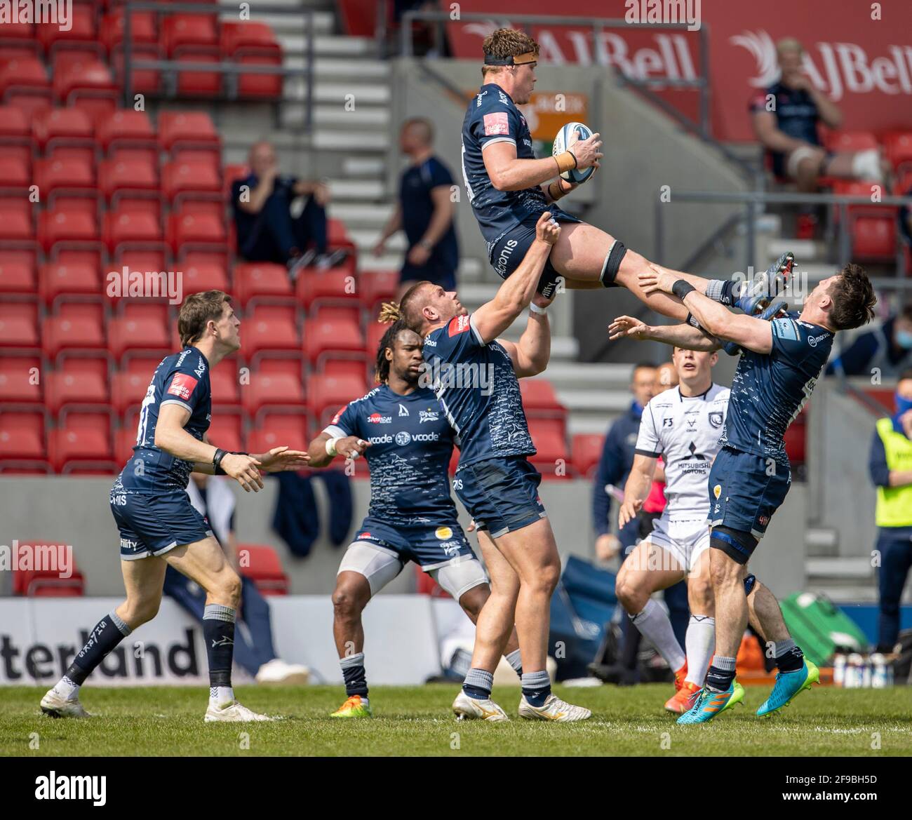 17th April 2021; AJ Bell Stadium, Salford, Lancashire, England; English Premiership Rugby, Sale Sharks versus Gloucester; Cobus Weise of Sale Sharks wins a lineout Stock Photo