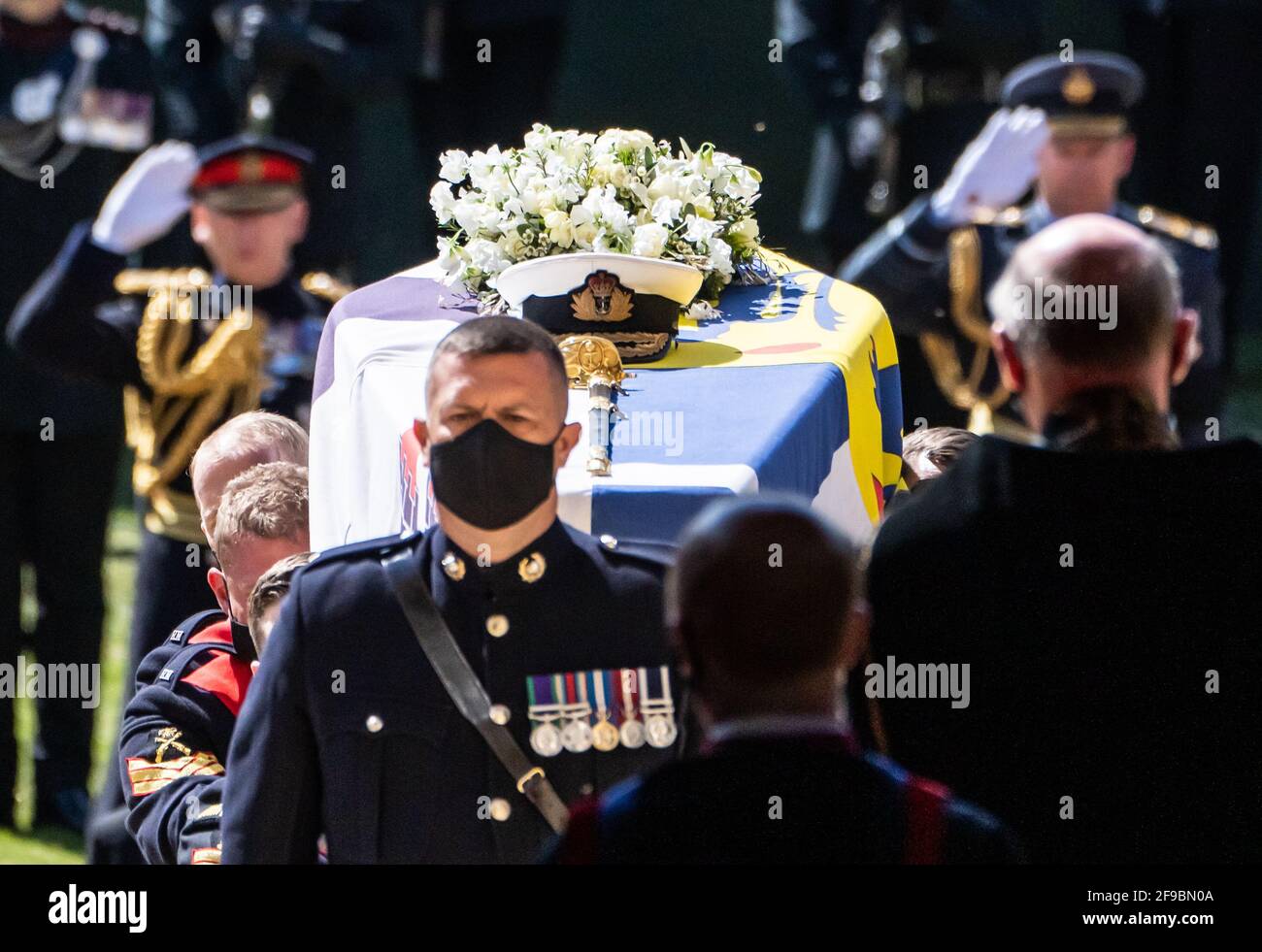 Pall Bearers carrying the coffin into the Chapel during the funeral of the Duke of Edinburgh in St George's Chapel, Windsor Castle, Berkshire. Picture date: Saturday April 17, 2021. Stock Photo