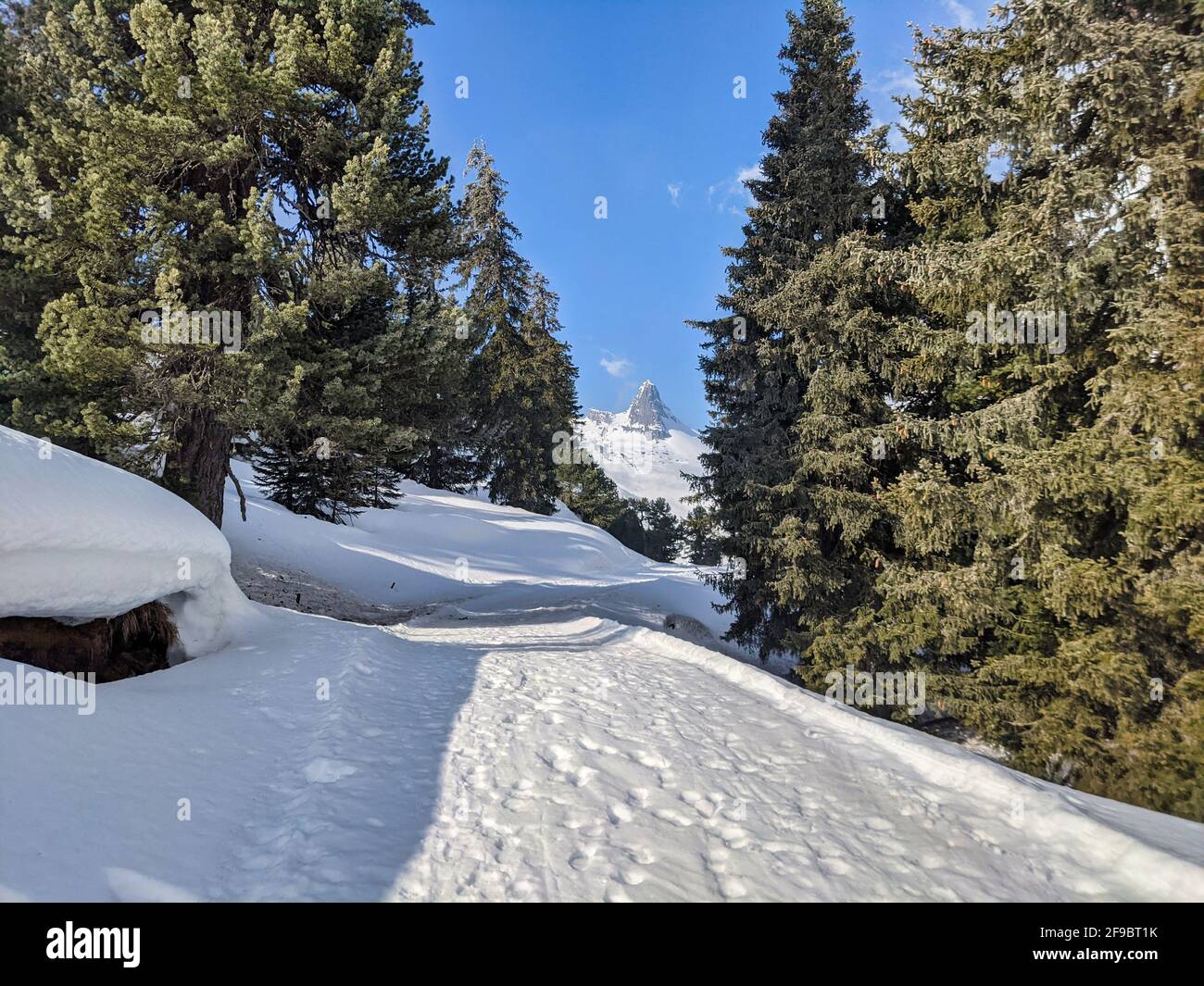 winter hiking trail in the direction of the Zervreilahorn above Zervreilasee reservoir. Nice views of the snowy mountain Stock Photo