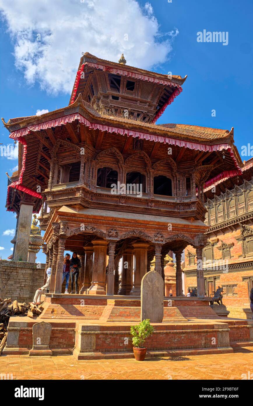 The Chyasalin Mandap is located on the eastern side of the Bhaktapur Durbar Square and is a beautiful two-storied wooden pavilion. King Bhupatindra Ma Stock Photo