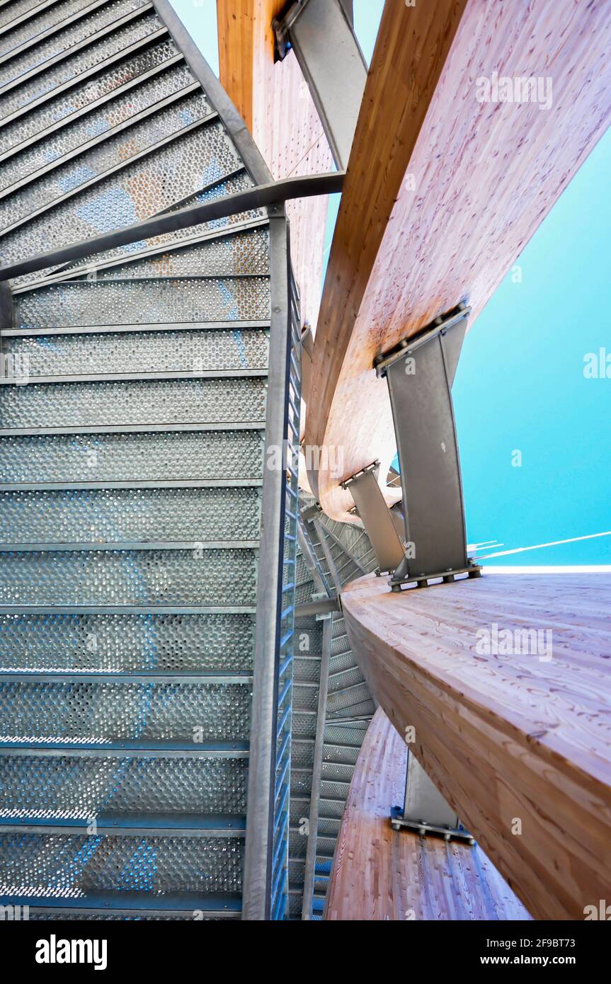Detail view of a modern staircase, looking from below to the sky Stock Photo