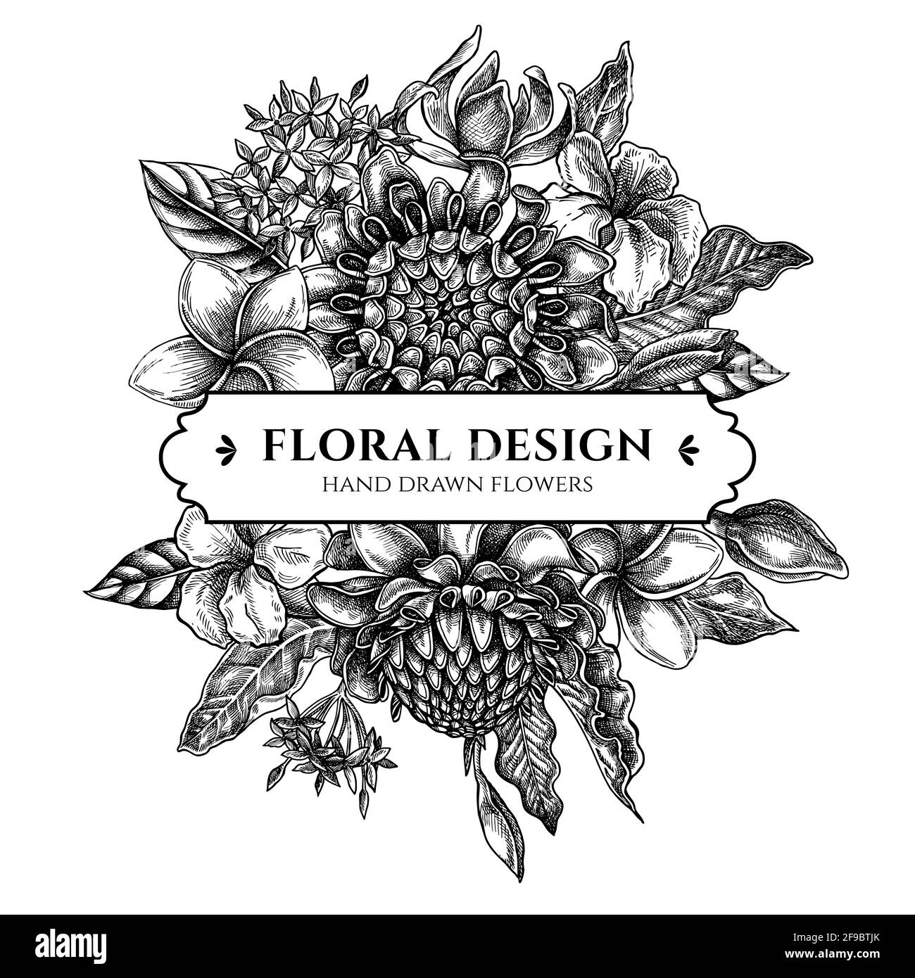 Floral bouquet design with black and white plumeria, allamanda, clerodendrum, champak, etlingera, ixora Stock Vector