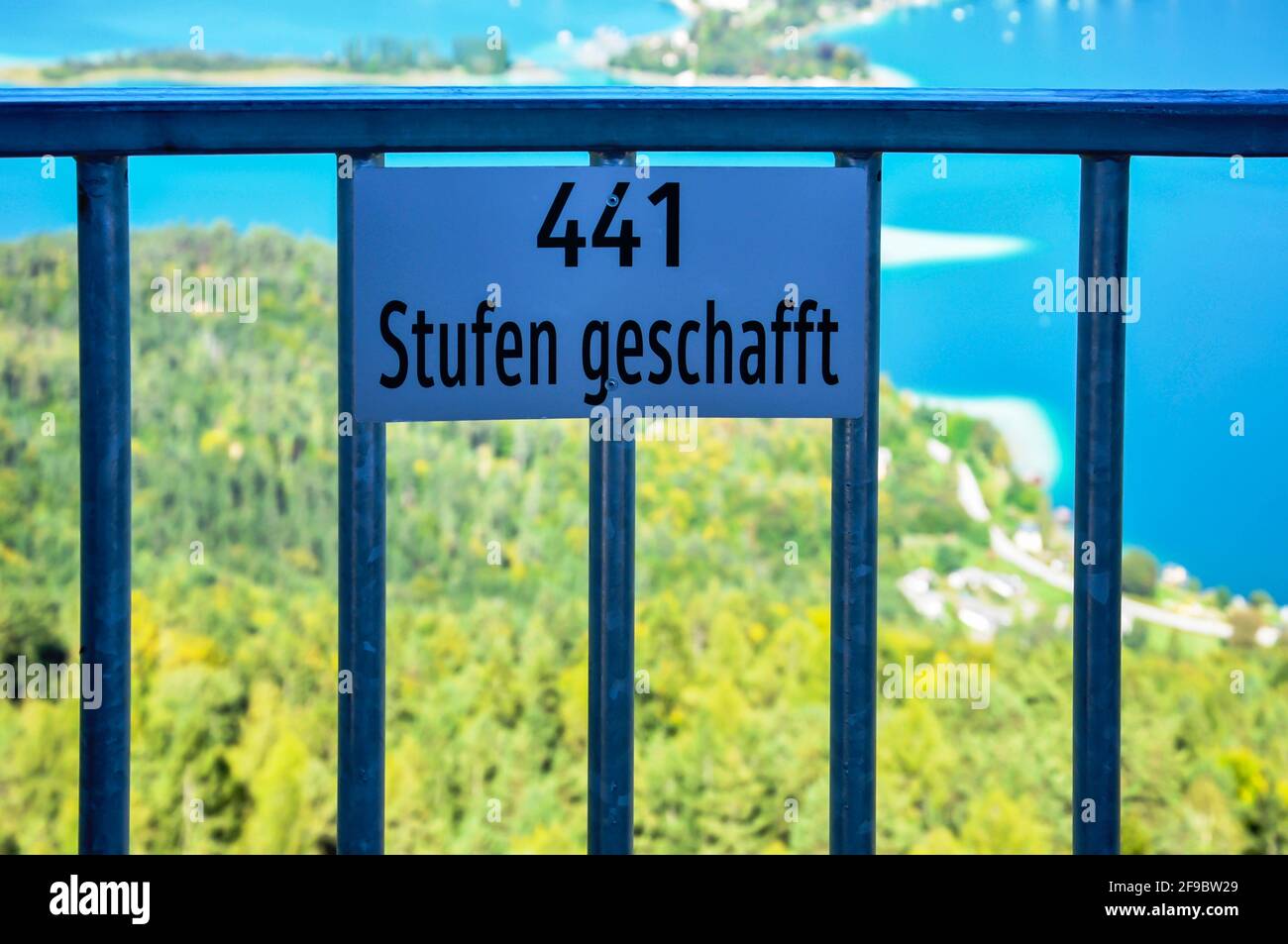 Information sign on a lookout tower. It shows how many steps you have climbed Stock Photo