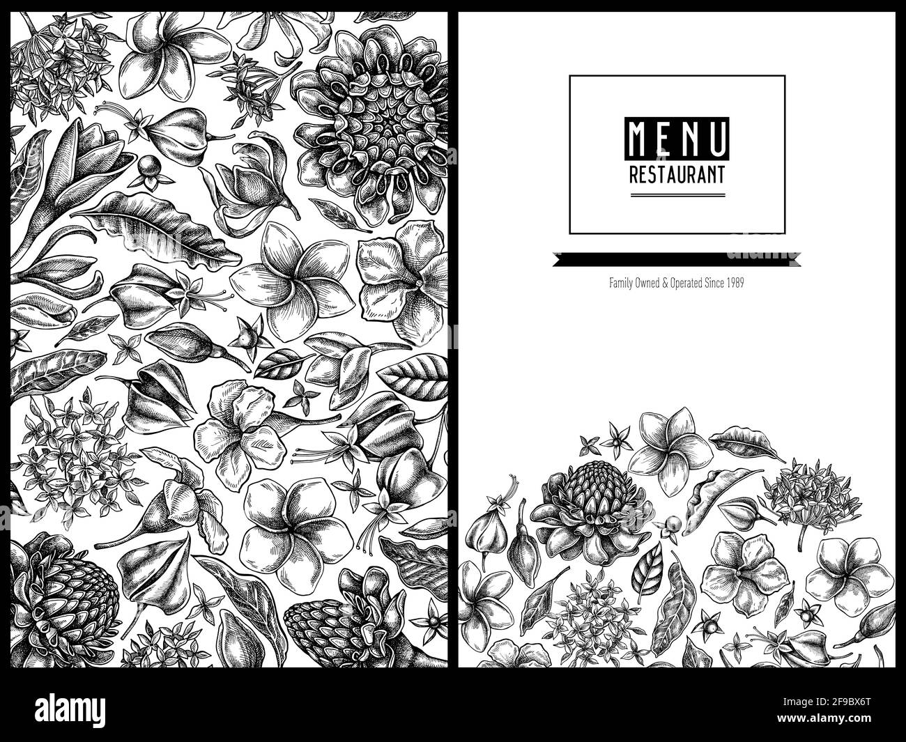 Menu cover floral design with black and white plumeria, allamanda, clerodendrum, champak, etlingera, ixora Stock Vector
