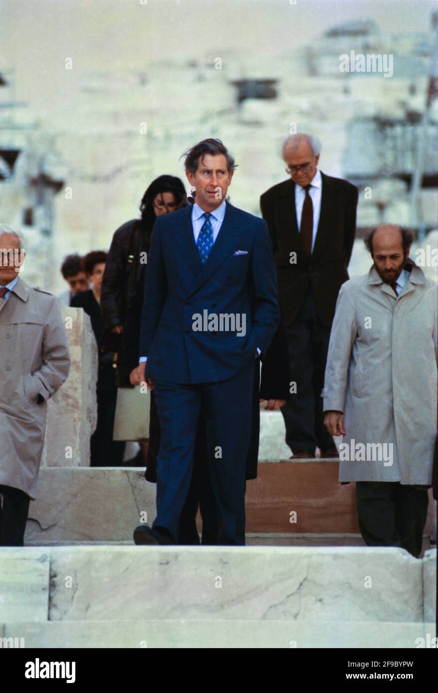 Charles, Prince of Wales, on the steps of the Parthenon, during his first official visit in the Acropolis of Athens, Greece, on 23 November,1998. Photo: Dimitris Aspiotis Stock Photo