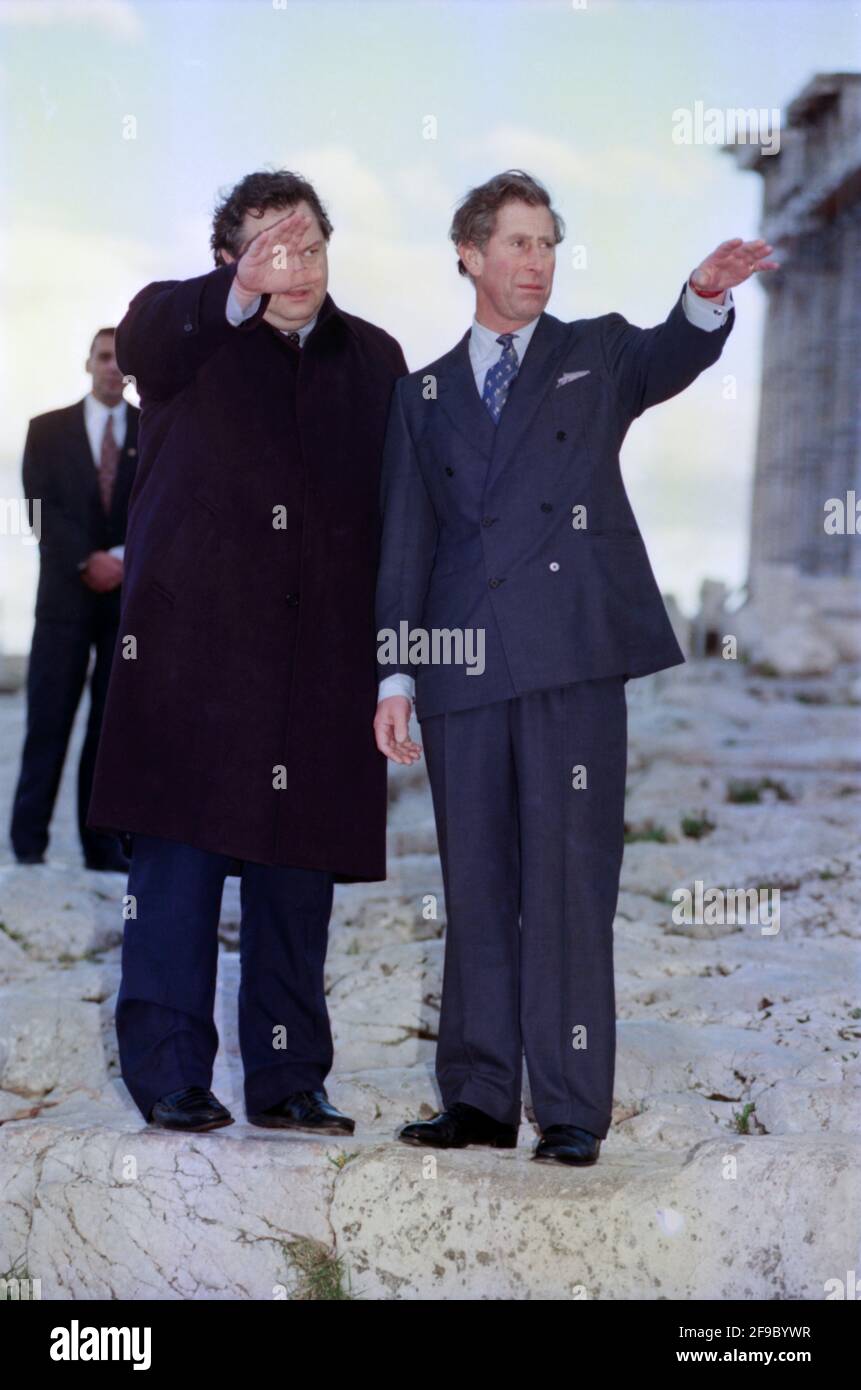 Charles, Prince of Wales, on the steps of the Parthenon, during his first official visit in the Acropolis of Athens, Greece, on 23 November,1998. Photo: Dimitris Aspiotis Stock Photo