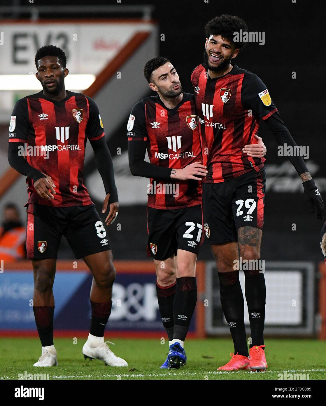 Philip Billing (R) of AFC Bournemouth is congratulated by Diego Rico ...