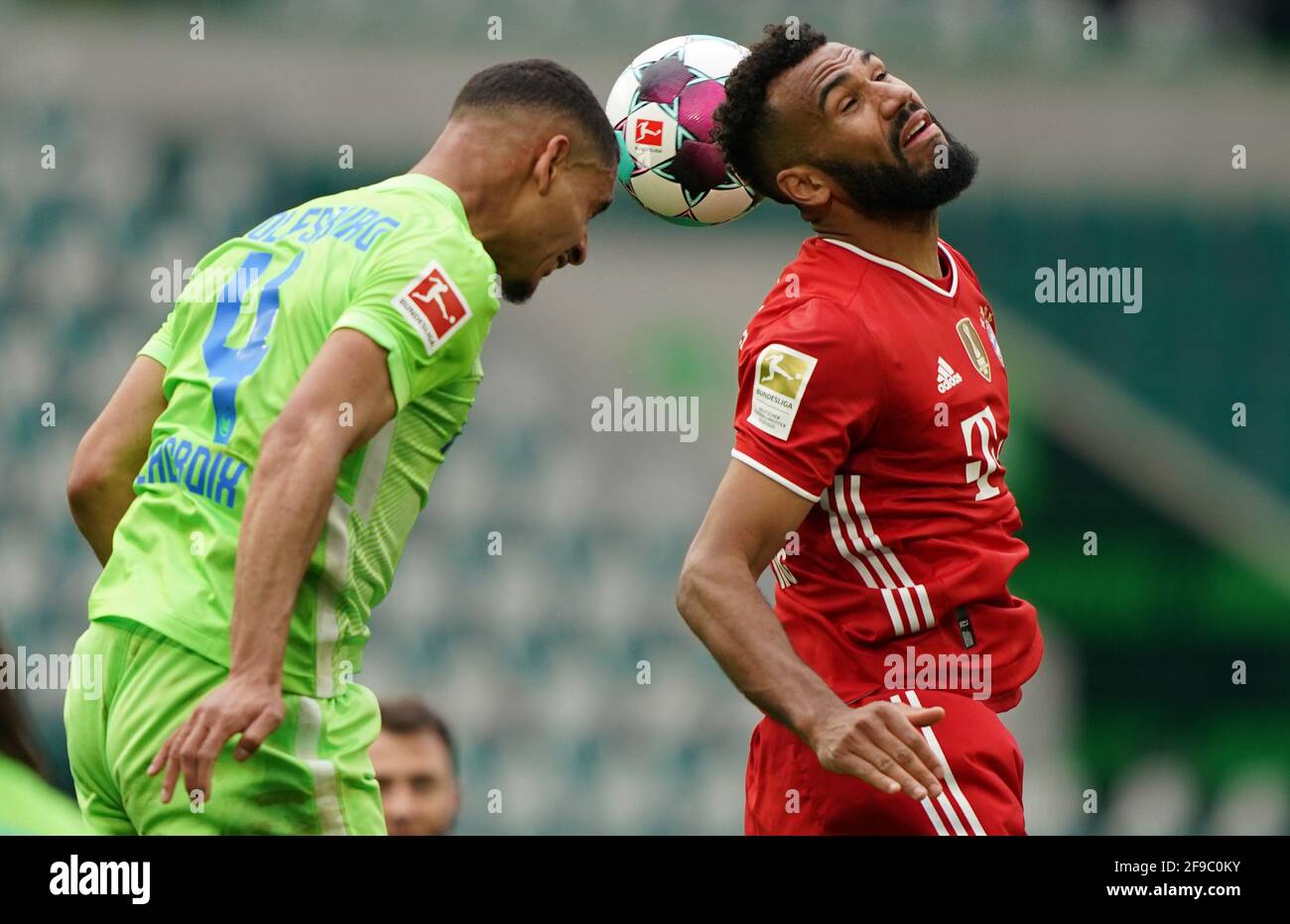 Wolfsburg Germany 17th Apr 2021 Football Bundesliga Vfl Wolfsburg Bayern Munich Matchday 29 Volkswagen Arena Wolfsburg Defender Maxence Lacroix L And Munich Striker Eric Maxim Choupo Moting Important Note In Accordance With