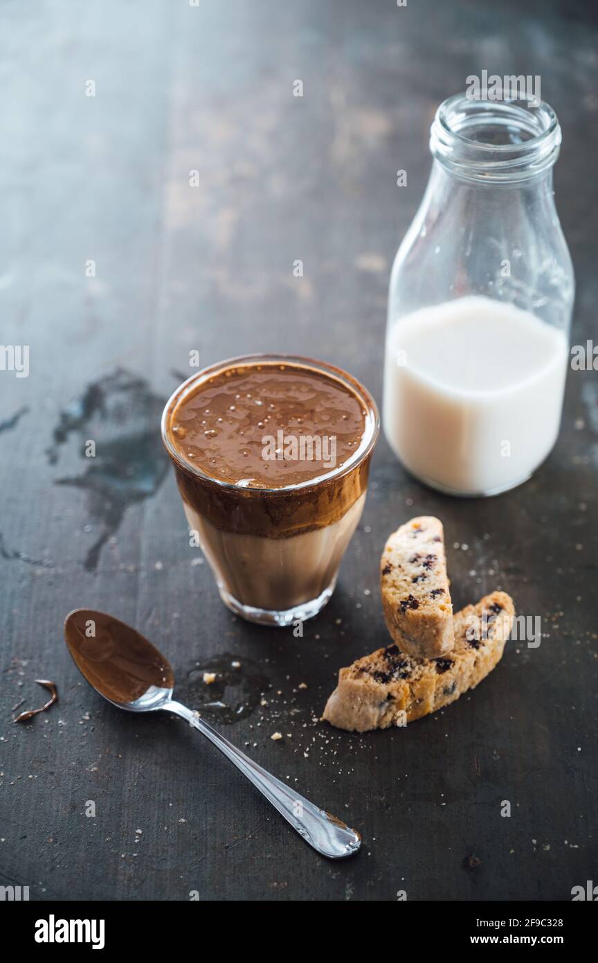 Dalgona coffee made with instant espresso and almond milk, vegan Stock