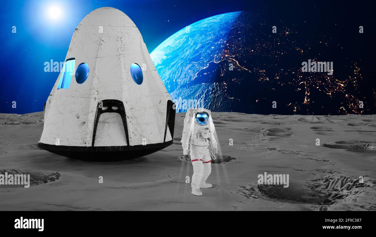 Space flight and moon landing, spacecraft on the moon and astronaut on the lunar soil. Space missions. The conquest of space. 3d render Stock Photo