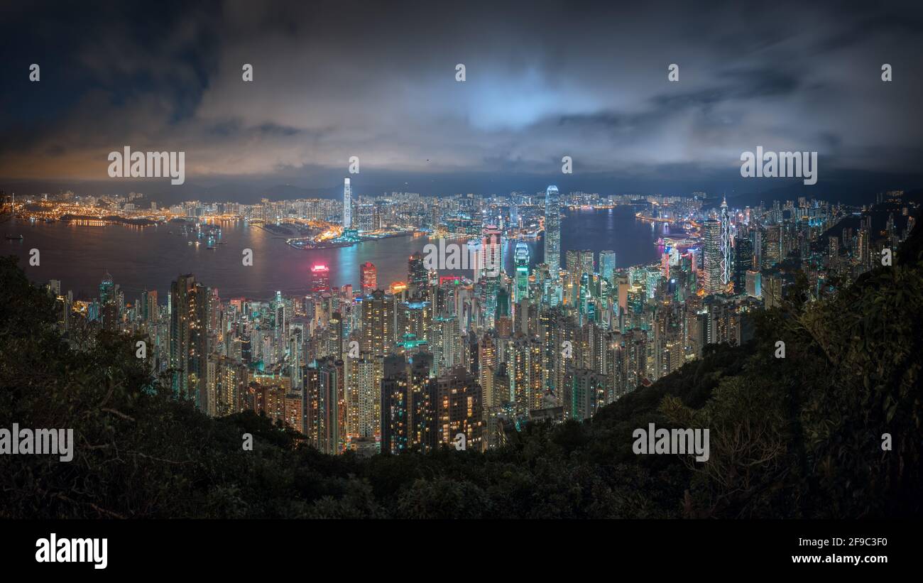 Victoria Peak is a hill on the western half of Hong Kong Island. Stock Photo