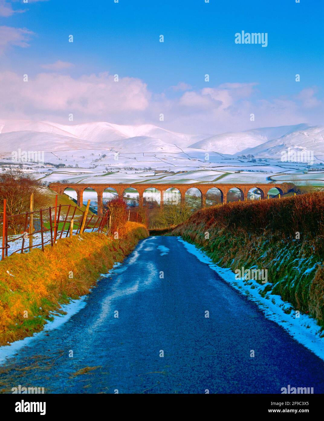 UK, England, Cumbria, view of snow covered Brant Fell and viaduct, winter Stock Photo