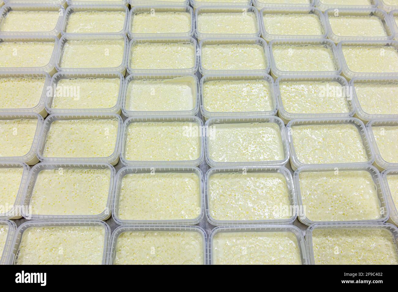 Milky cream wavy surface. Closeup. Milk cream layer texture. Clotted