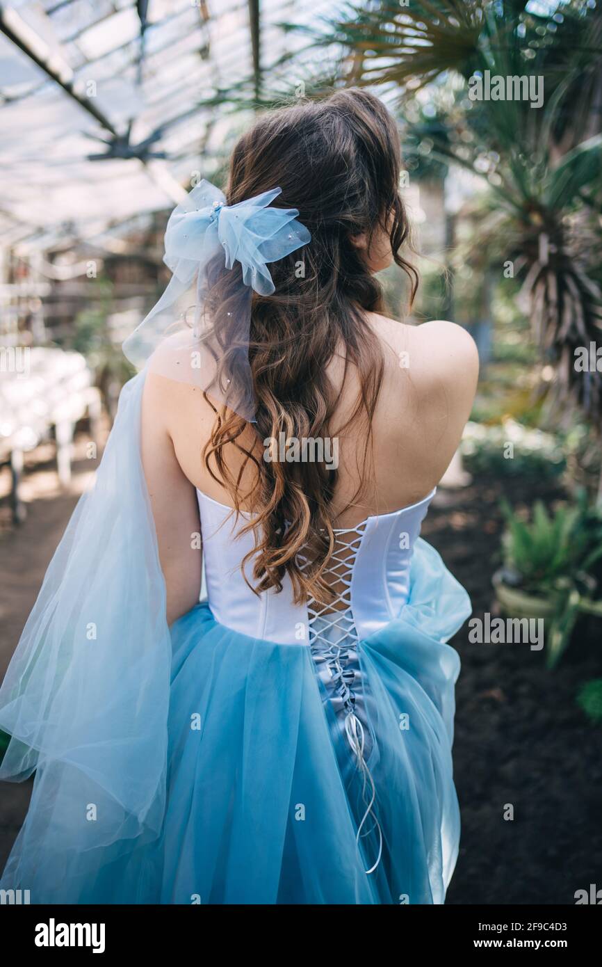 beautiful redhead girl in an elegant dress and with a bow Stock Photo ...