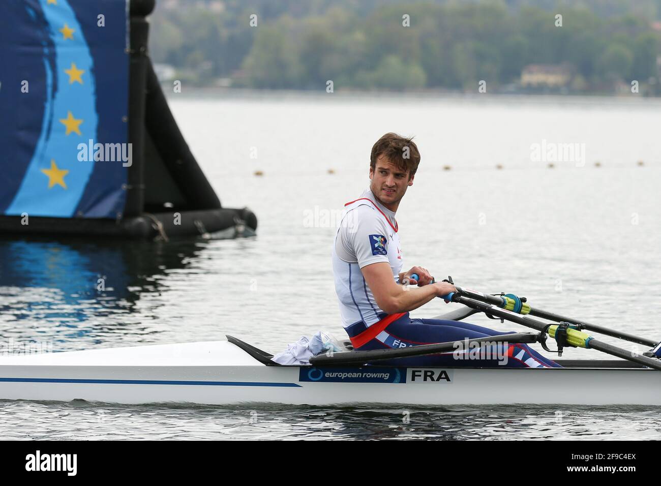 French rower Hugo Boucheron on Day 2 at the European Rowing Championships in Lake Varese on April 10th 2021 in Varese, Italy Stock Photo