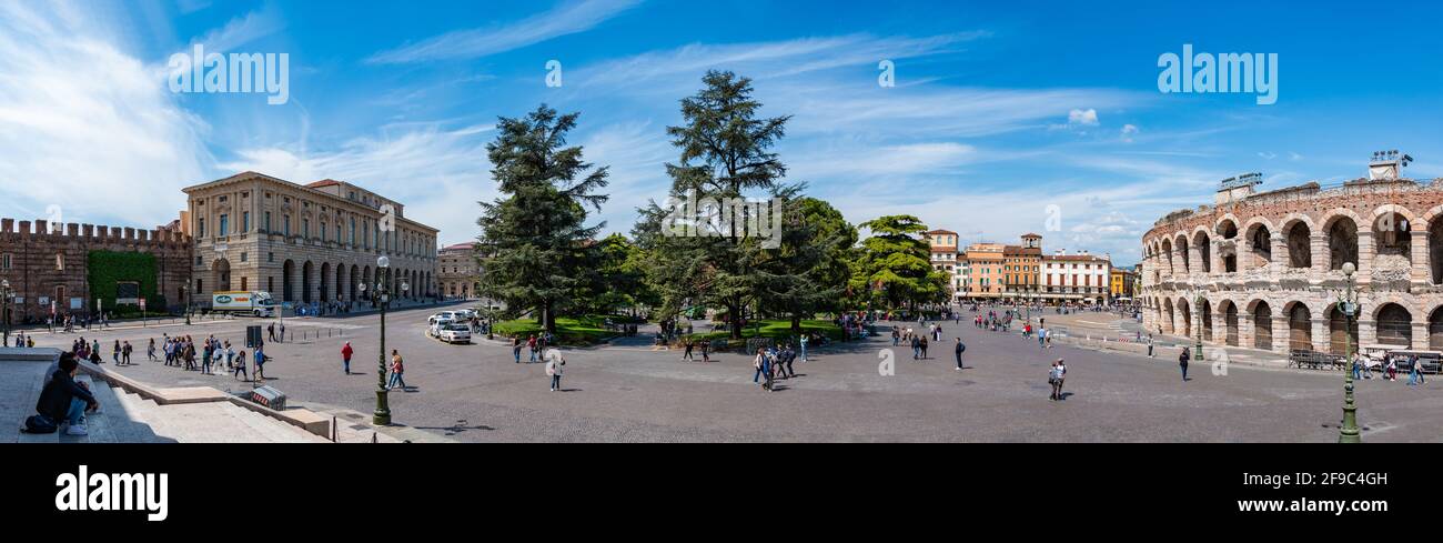 A panorama picture of the iconic Piazza Brà (square) of Verona. Stock Photo