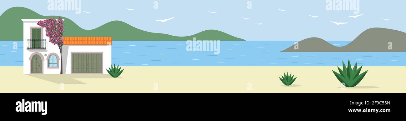 Seascape banner with white Mediterranean house Stock Vector
