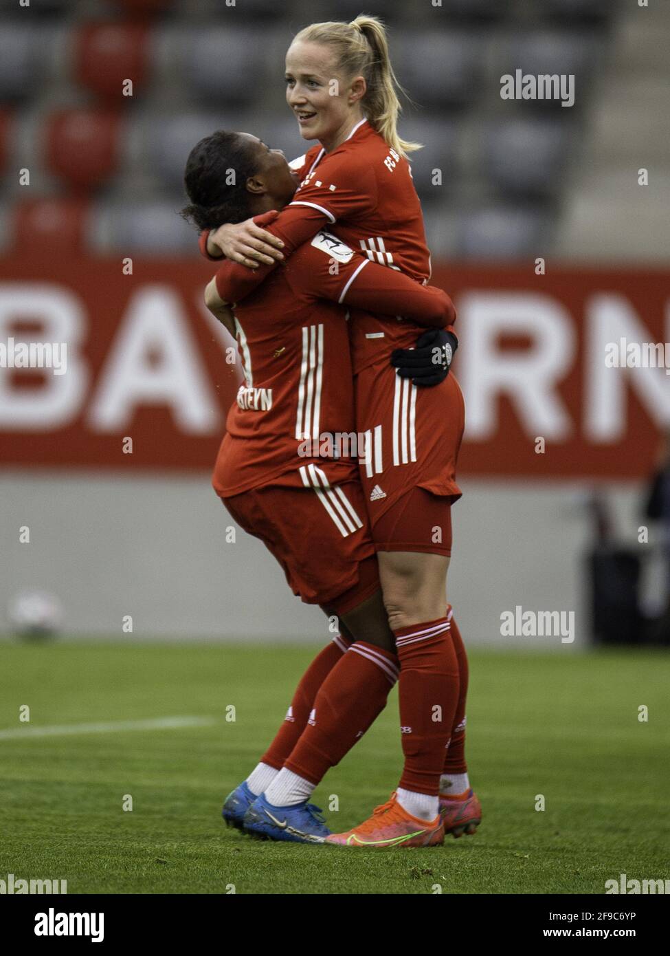 Munich, Germany. 17th Apr, 2021. Lea Schueller (11 FC Bayern Muenchen) and  Lineth Beerensteyn (6 FC Bayern Muenchen) celebrating the 2-0 during the  Fleyeralarm Frauen Bundesliga game between FC Bayern Munich and