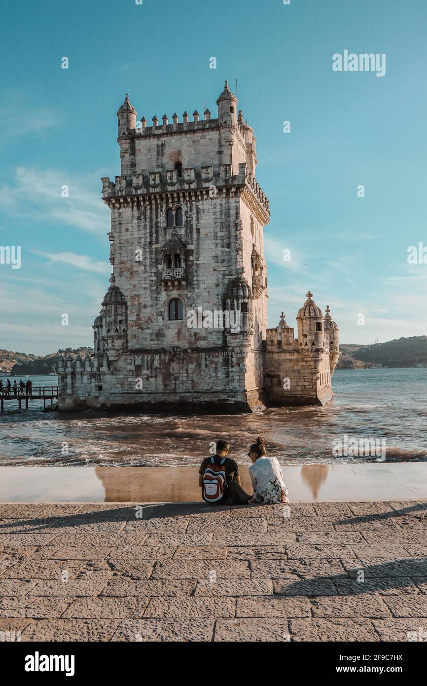 View at the Belem tower at the bank of Tejo River in Lisbon - Portugal Stock Photo