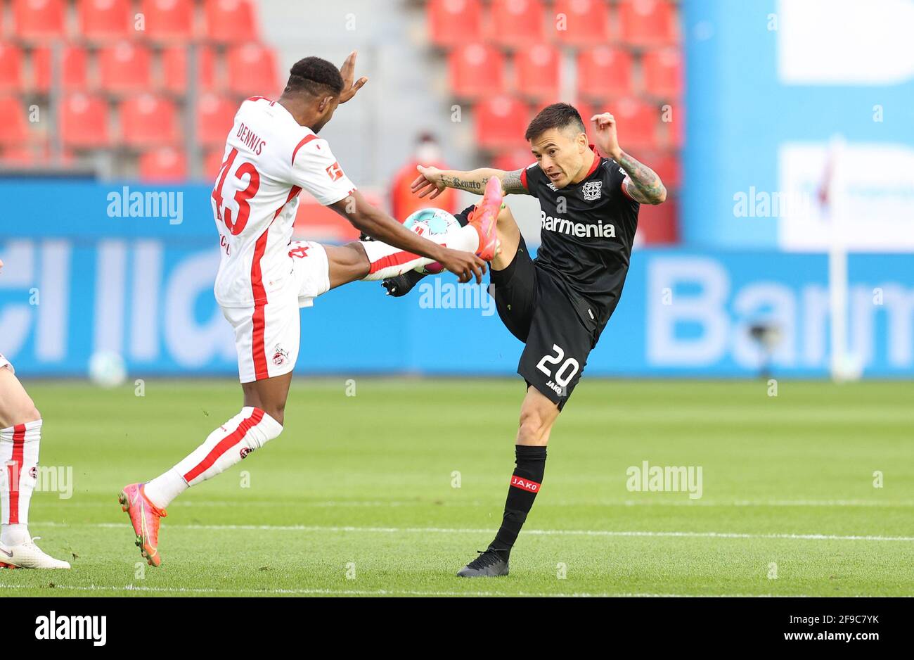 Leverkusen, Deutschland. 17th Apr, 2021. firo: 17.04.2021, Soccer: Soccer: 1st Bundesliga, season 2020/21 Bayer 04 Leverkusen - 1st FC Cologne Koln duels, Charles Aranguiz, versus, Emmanuel Dennis | usage worldwide Credit: dpa/Alamy Live News Stock Photo