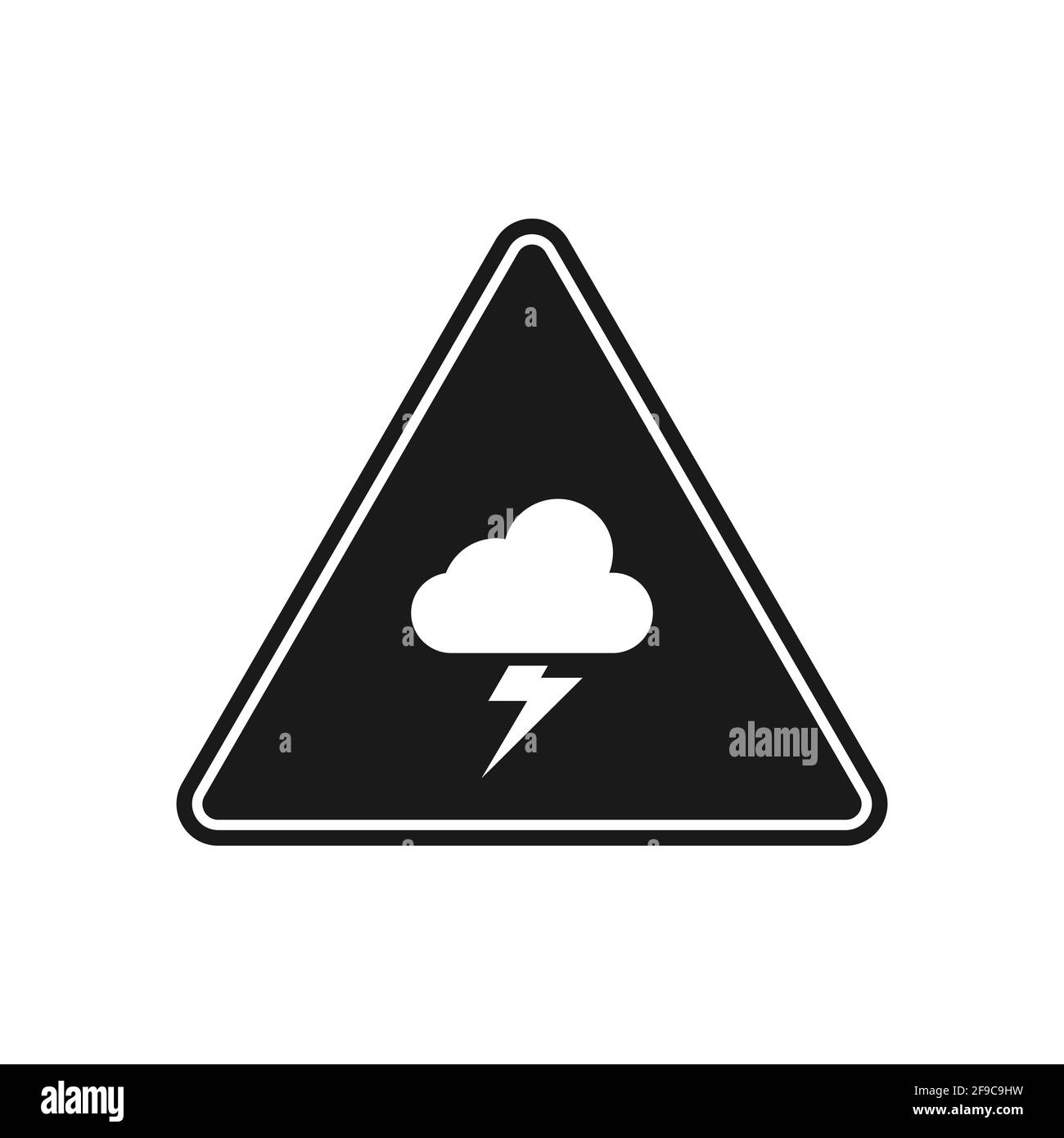 The black icon of a thunderstorm is isolated on a white background. There are cloud and lightning shapes on a triangle. Stock Vector