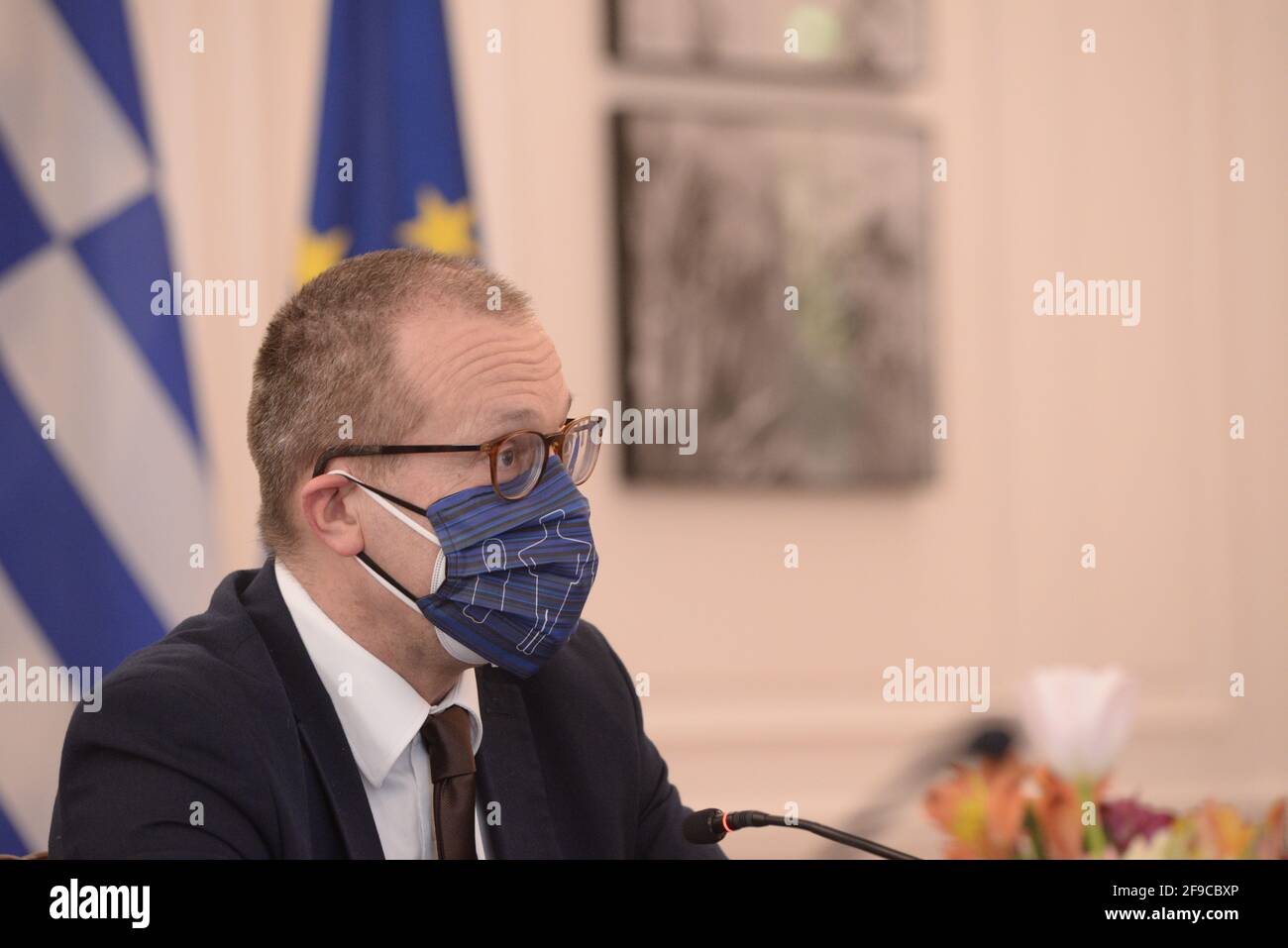Athens, Greece. 16th Apr, 2021. Dr Hans Henri P. Kluge, Regional Director of the World Health Organization for Europe, during the meeting with Greek Prime Minister Kyriako Mitsotakis in Athens, Greece on April 16, 2021. (Photo by Dimitrios Karvountzis/Pacific Press/Sipa USA) Credit: Sipa USA/Alamy Live News Stock Photo