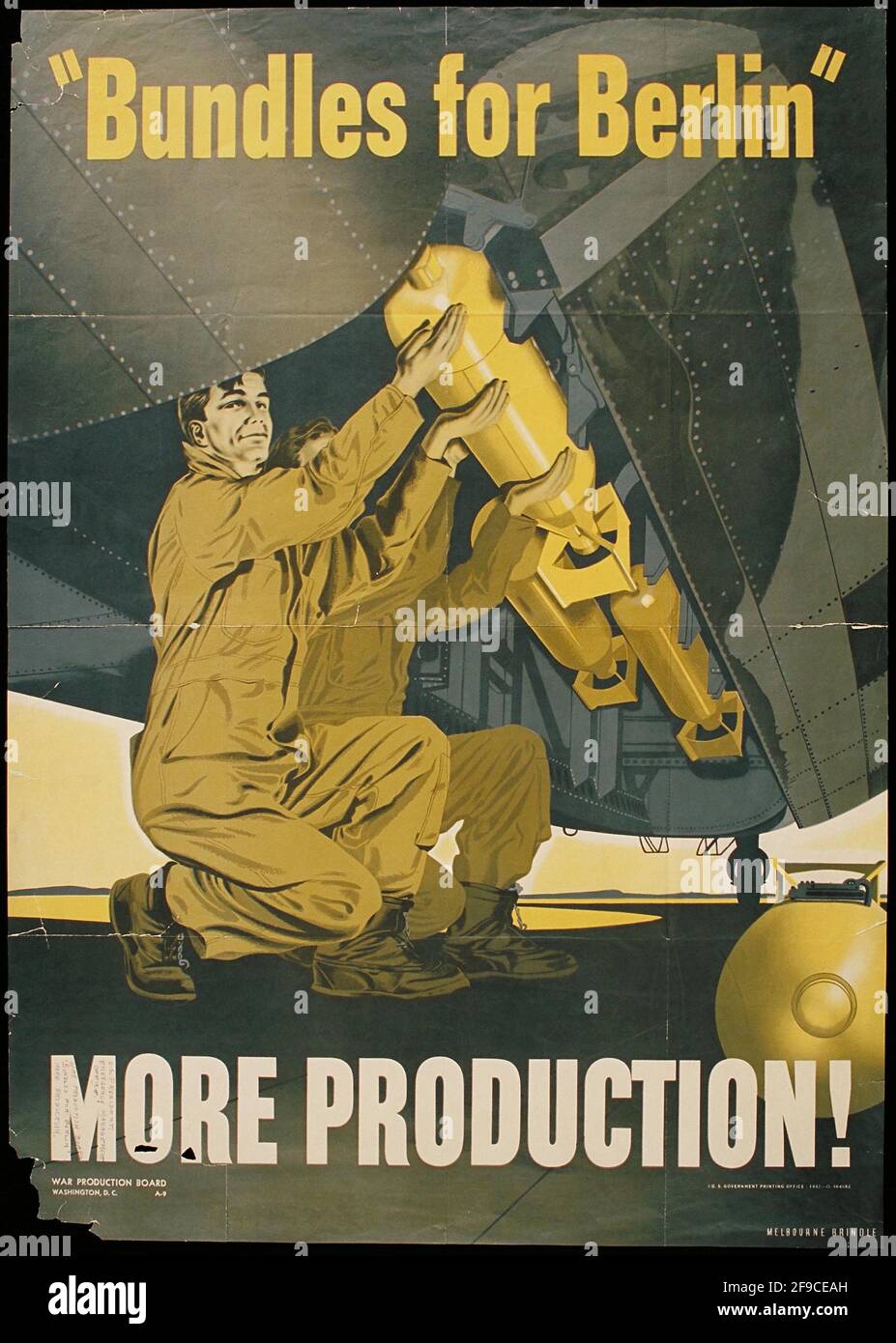 An American WW2 poster about increasing production in the war effort with the slogan More Production Stock Photo