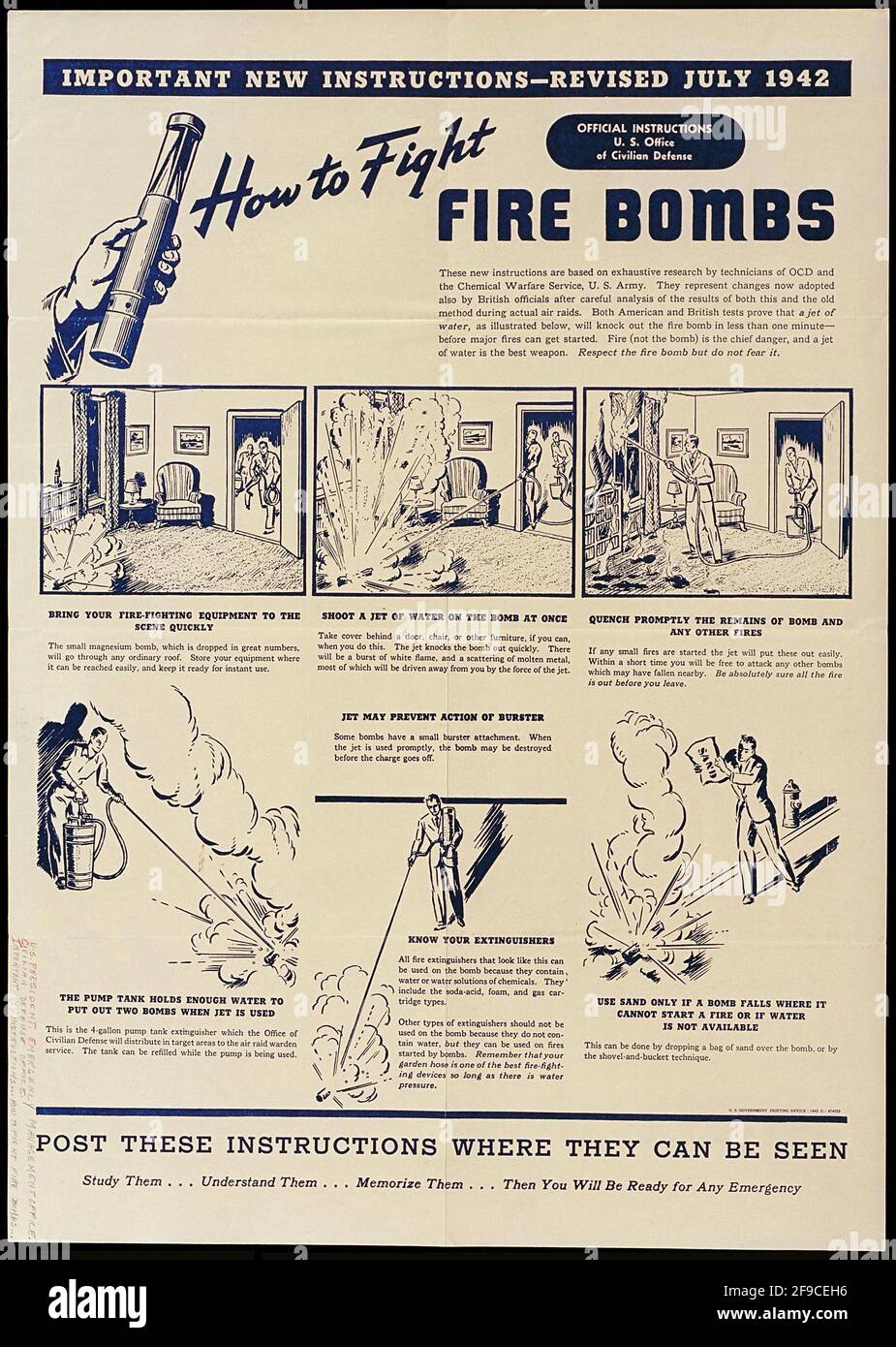 An American WW2 document showing Howto Fight Fire Bombs Stock Photo
