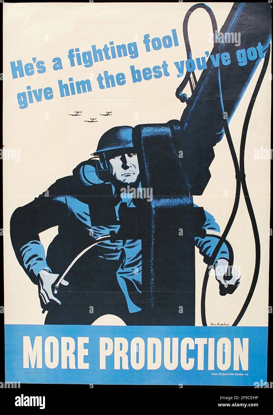 An American WW2 poster about increasing production in the war effort with the slogan More Production Stock Photo